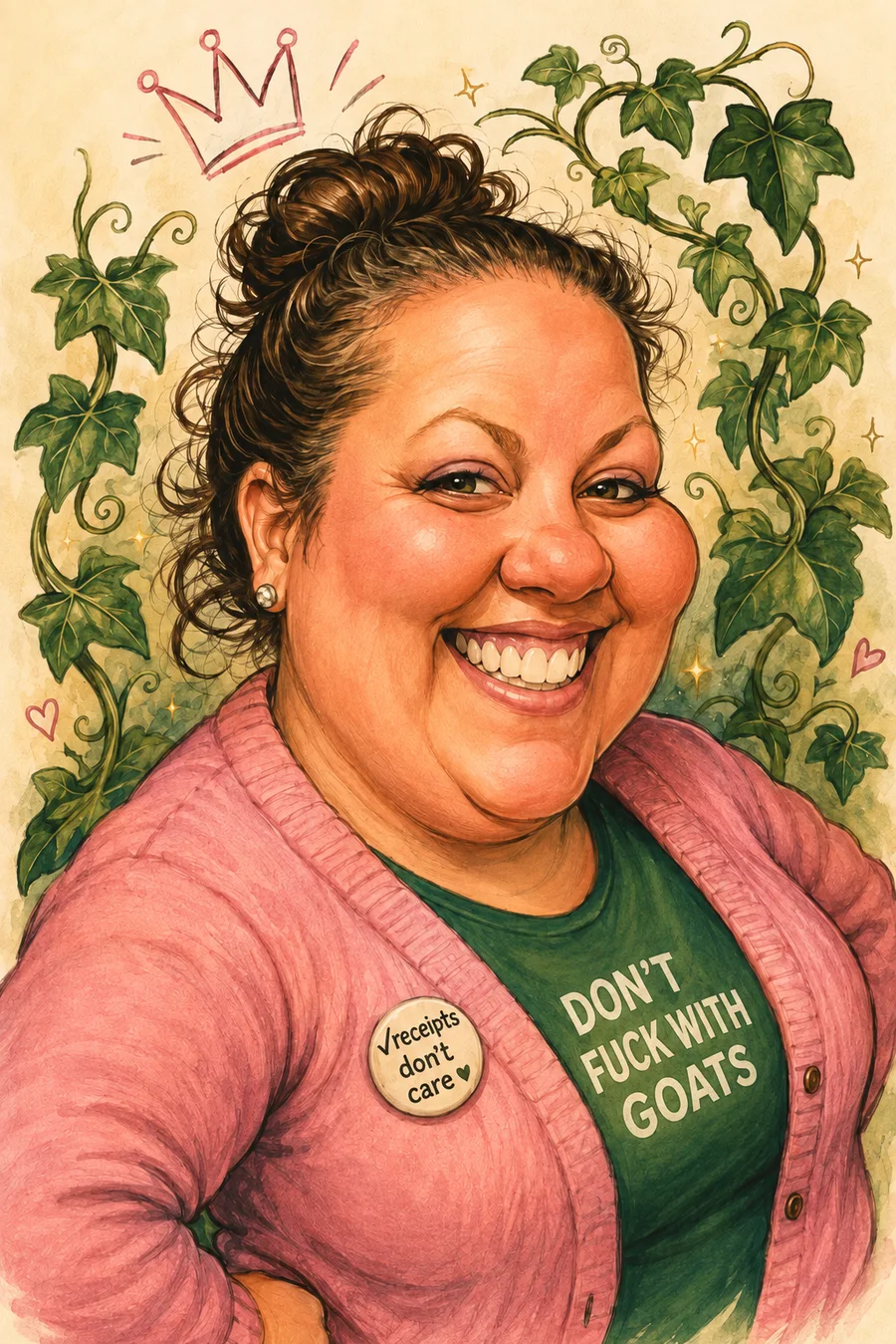 Illustrated caricature portrait of Kathryn in a pink cardigan