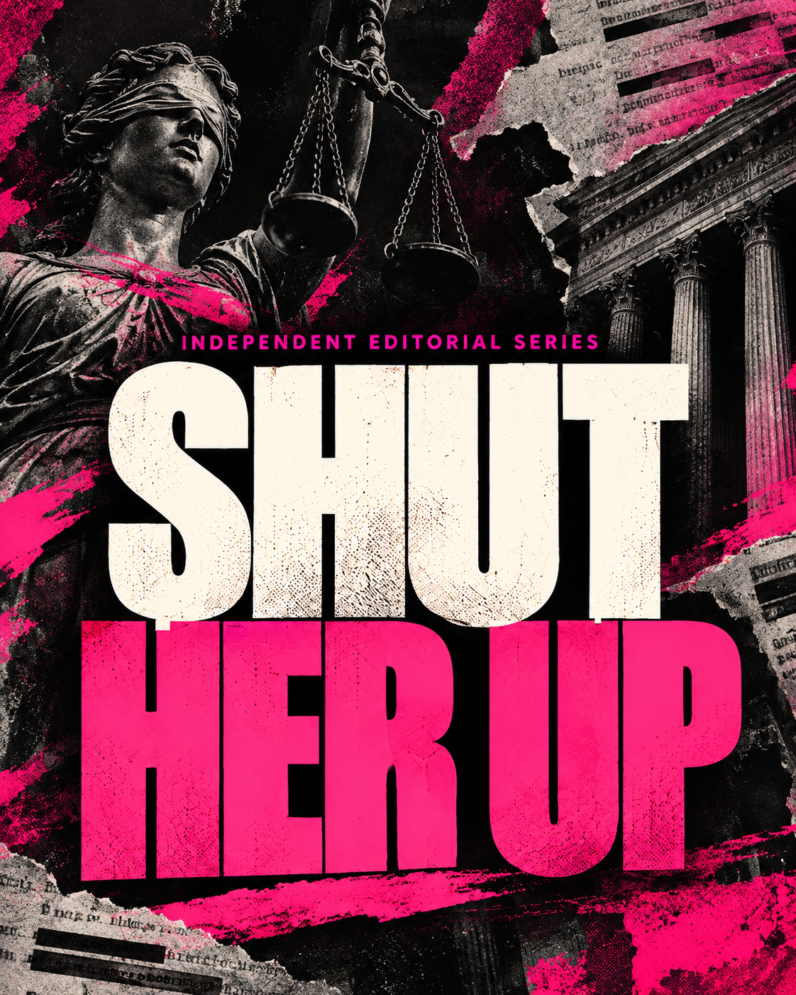 SHUT HER UP editorial series artwork featuring Lady Justice and court records