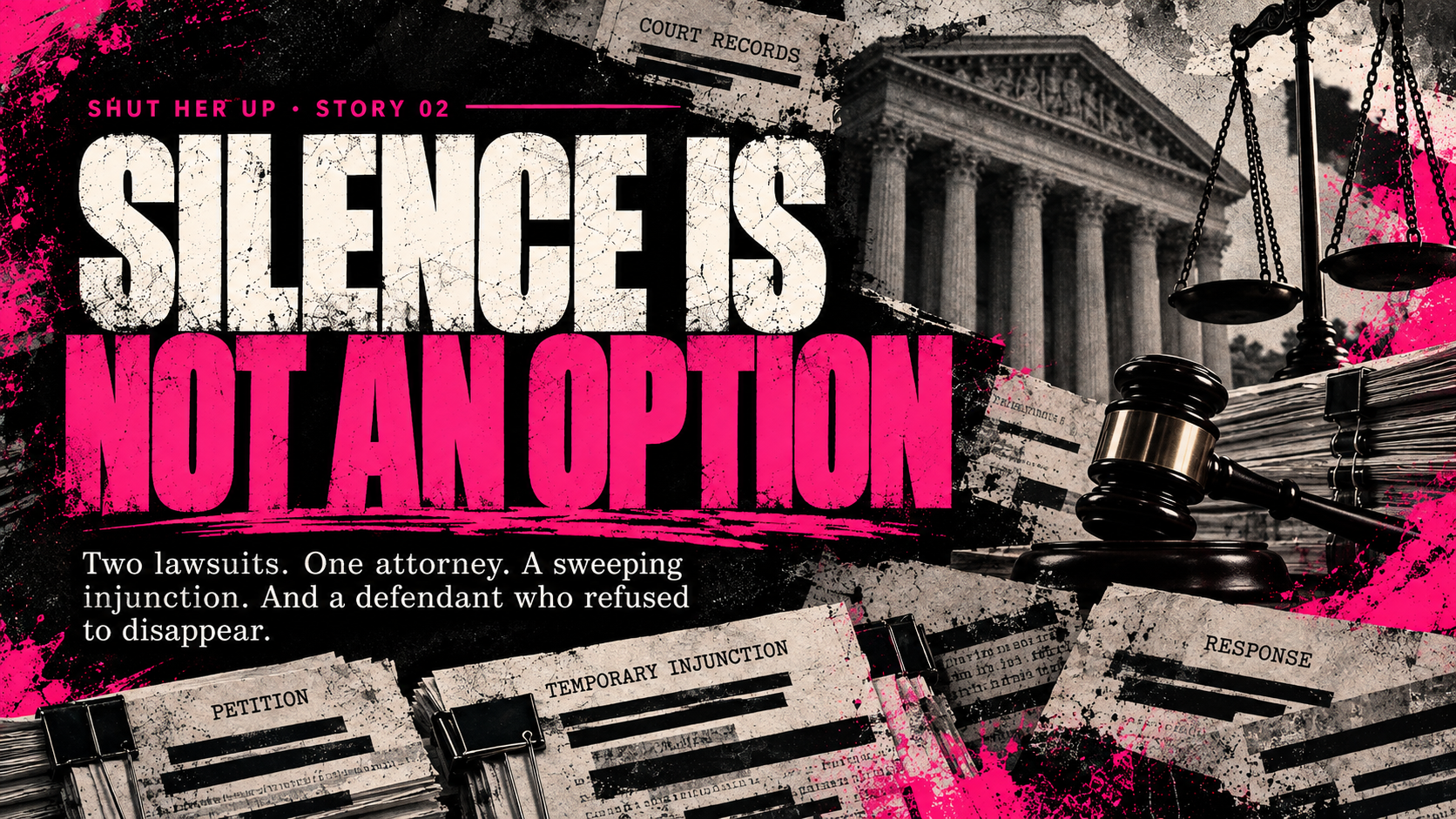 SHUT HER UP: Silence Is Not an Option — illustrated courthouse, scales of justice, gavel and court documents